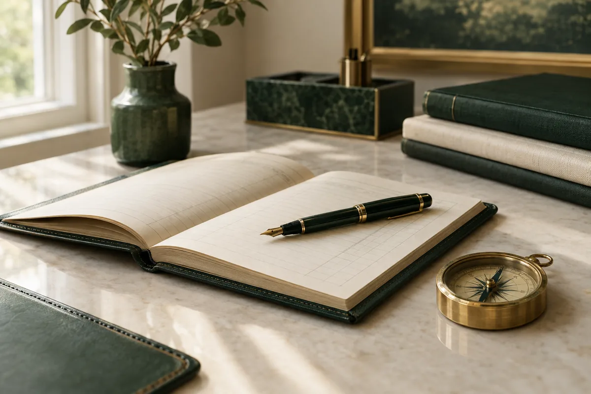 Open ledger, fountain pen, and brass compass on a desk